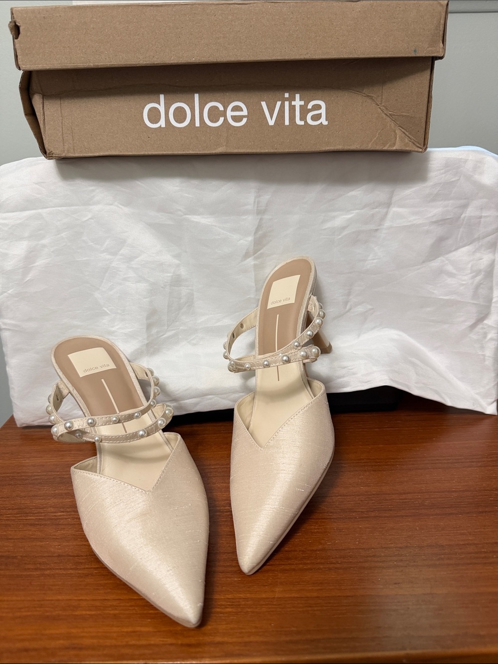 Dolce Vita Pearl-Strap Pointed Cream Mules